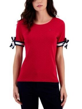 Tommy Hilfiger Red Short Sleeve Tee with Striped Bow Sleeves